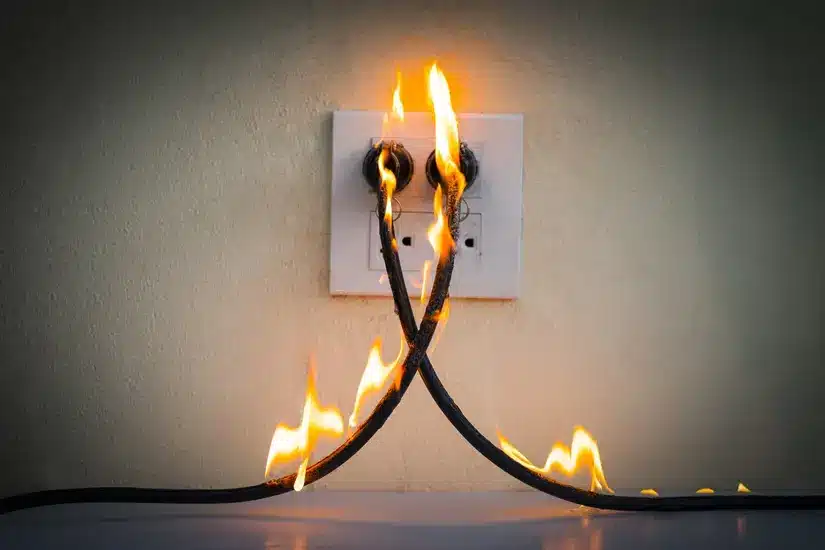 Electrical outlet with two cables on fire, illustrating a dangerous short circuit situation.