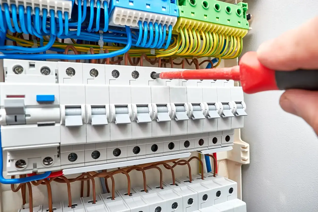 Electrician uses screwdriver to adjust electrical circuit breakers in a panel.