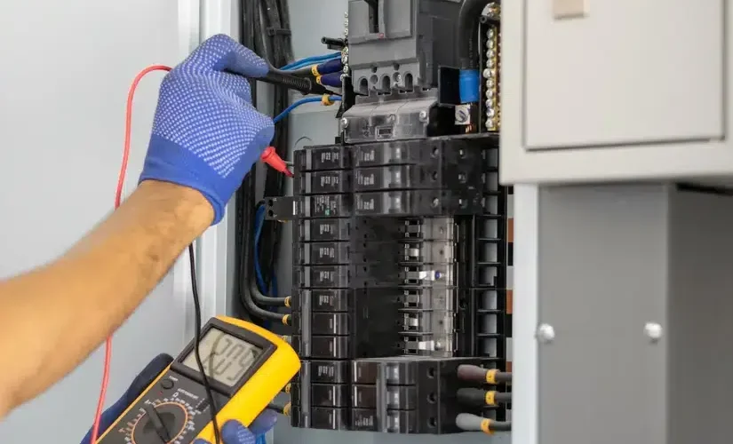 Electrician using a multimeter to test an electrical panel.