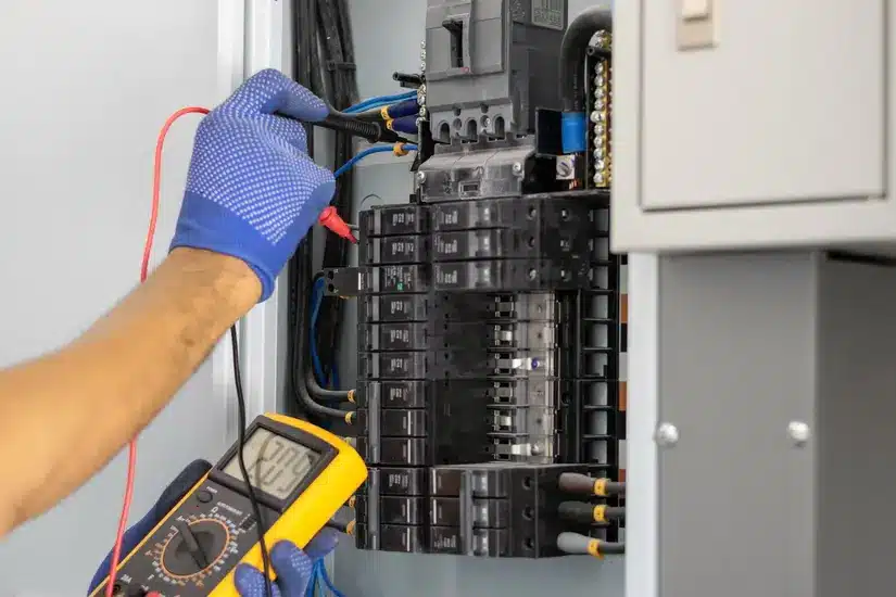 Electrician using a multimeter to test an electrical panel.