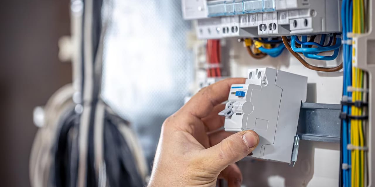 Hand replacing a circuit breaker in an electrical panel with colored wires.