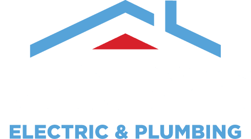Electric & Plumbing company logo with blue roofline, red gable, and text ELECTRIC & PLUMBING