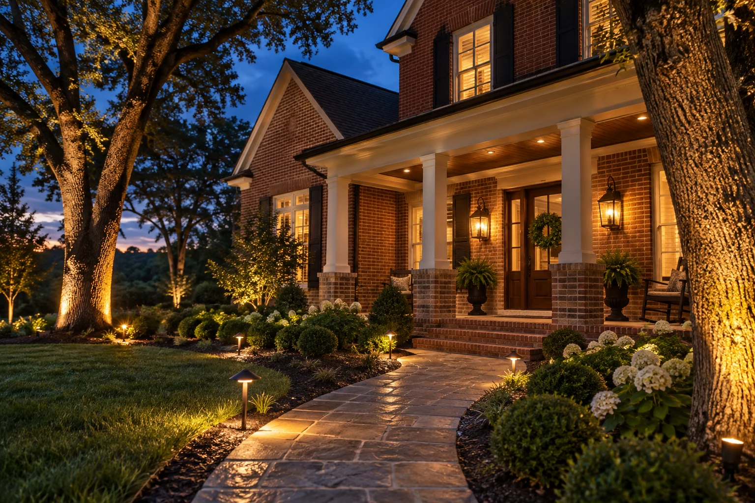 Landscape and porch lighting on a Middle Tennessee brick home at dusk