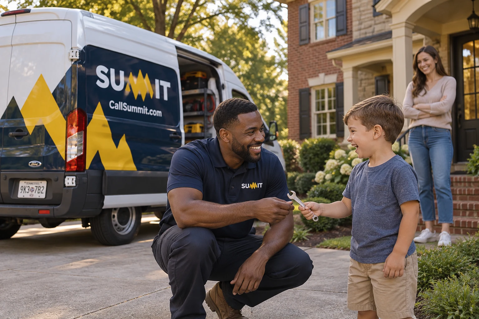 Summit technician in a Middle Tennessee driveway with a young homeowner and his mom