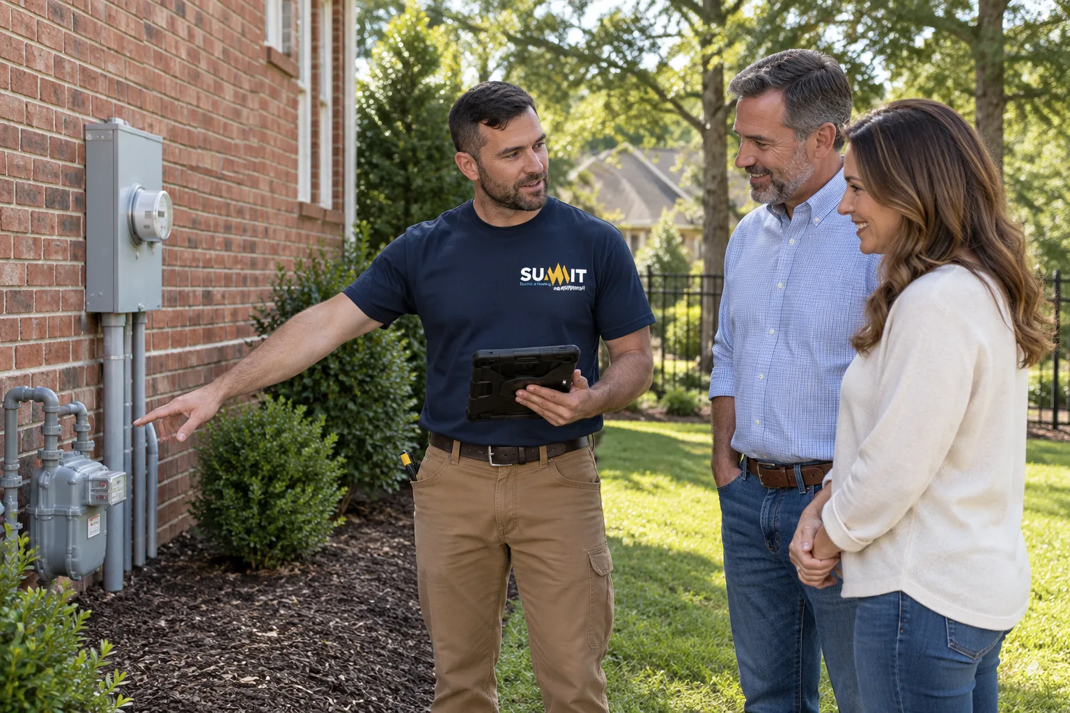 Summit electrician planning a whole-home generator installation with homeowners in Franklin, TN
