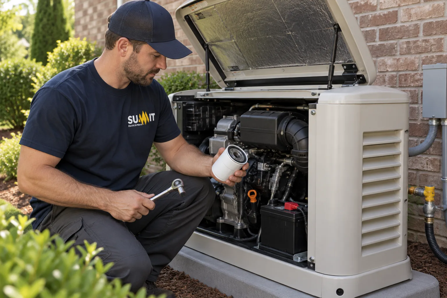 Summit technician performing annual maintenance on a home standby generator